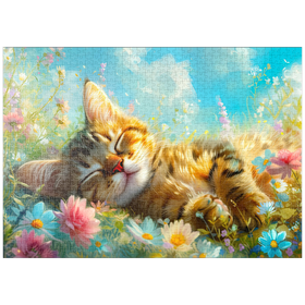 Darstellung des Puzzle-Motivs Schlafende Katze im Blütenmeer – Frühlingszauber – Puzzleteile: 1000