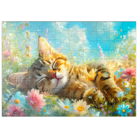 Darstellung des Puzzle Motivs Schlafende Katze im Blütenmeer – Frühlingszauber - Puzzleteile: 100