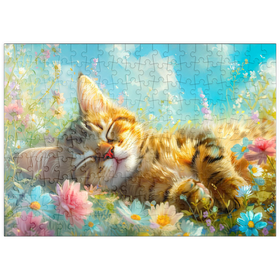 Darstellung des Puzzle Motivs Schlafende Katze im Blütenmeer – Frühlingszauber - Puzzleteile: 200