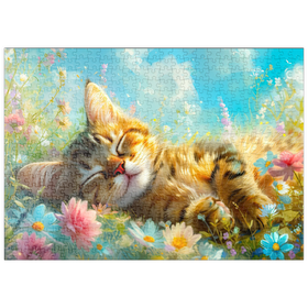 Darstellung des Puzzle Motivs Schlafende Katze im Blütenmeer – Frühlingszauber - Puzzleteile: 500