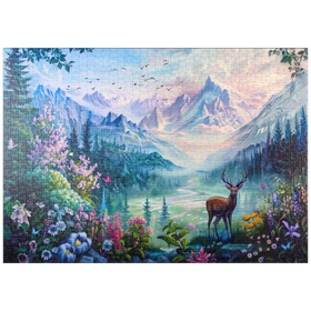 Darstellung des Puzzle Motivs Majestätischer Hirsch in blühender Berglandschaft - Puzzleteile: 1000