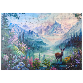 Darstellung des Puzzle Motivs Majestätischer Hirsch in blühender Berglandschaft - Puzzleteile: 200