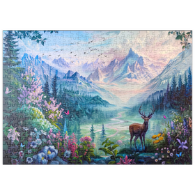 Darstellung des Puzzle Motivs Majestätischer Hirsch in blühender Berglandschaft - Puzzleteile: 500
