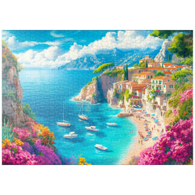 Darstellung des Puzzle Motivs Malerische Mittelmeer-Bucht mit bunten Blumen und Segelbooten - Puzzleteile: 1000