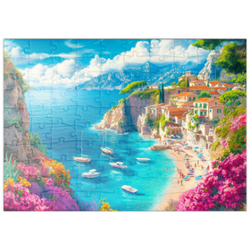 Darstellung des Puzzle Motivs Malerische Mittelmeer-Bucht mit bunten Blumen und Segelbooten - Puzzleteile: 100