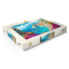 Darstellung des Puzzle Motivs Malerische Mittelmeer-Bucht mit bunten Blumen und Segelbooten - Puzzleteile: 200