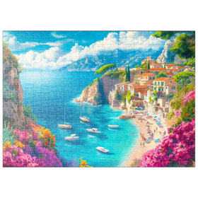 Darstellung des Puzzle Motivs Malerische Mittelmeer-Bucht mit bunten Blumen und Segelbooten - Puzzleteile: 500