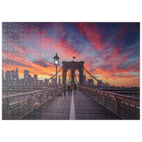 Darstellung des Puzzle-Motivs Brooklyn Bridge bei Sonnenuntergang – New York City Skyline – Puzzleteile: 500