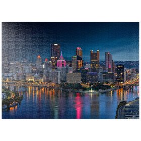 Darstellung des Puzzle Motivs Pittsburgh Skyline – Nächtliche Lichter am Three Rivers Point - Puzzleteile: 1000