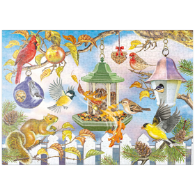 Darstellung des Puzzle-Motivs Bunte Vögel am Futterhaus – Herbstliche Gartenszene – Puzzleteile: 1000