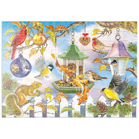 Darstellung des Puzzle Motivs Bunte Vögel am Futterhaus – Herbstliche Gartenszene - Puzzleteile: 100