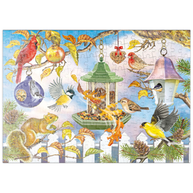 Darstellung des Puzzle-Motivs Bunte Vögel am Futterhaus – Herbstliche Gartenszene – Puzzleteile: 200