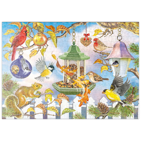 Darstellung des Puzzle-Motivs Bunte Vögel am Futterhaus – Herbstliche Gartenszene – Puzzleteile: 500