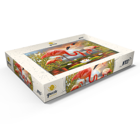 Darstellung des Puzzle Motivs Flamingos im Sonnenuntergang – Exotische Lagunenszene - Puzzleteile: 1000