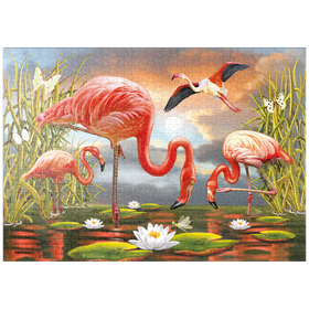 Darstellung des Puzzle-Motivs Flamingos im Sonnenuntergang – Exotische Lagunenszene – Puzzleteile: 1000