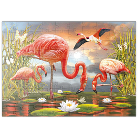 Darstellung des Puzzle Motivs Flamingos im Sonnenuntergang – Exotische Lagunenszene - Puzzleteile: 100