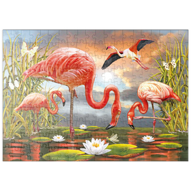 Darstellung des Puzzle Motivs Flamingos im Sonnenuntergang – Exotische Lagunenszene - Puzzleteile: 200