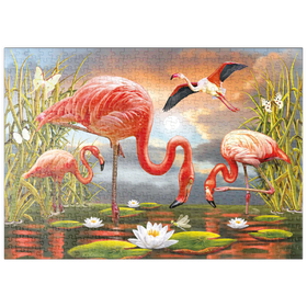 Darstellung des Puzzle-Motivs Flamingos im Sonnenuntergang – Exotische Lagunenszene – Puzzleteile: 500