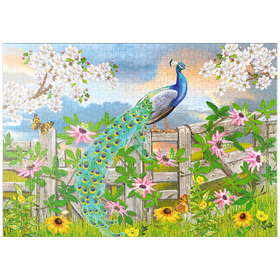Darstellung des Puzzle Motivs Prächtiger Pfau im Frühlingsgarten – Farbenfrohe Naturidylle - Puzzleteile: 1000