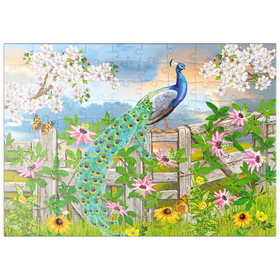 Darstellung des Puzzle Motivs Prächtiger Pfau im Frühlingsgarten – Farbenfrohe Naturidylle - Puzzleteile: 100