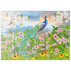 Darstellung des Puzzle-Motivs Prächtiger Pfau im Frühlingsgarten – Farbenfrohe Naturidylle – Puzzleteile: 200