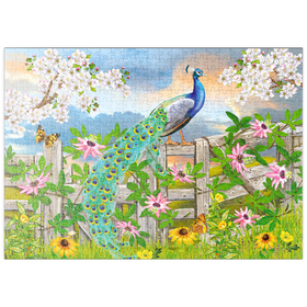 Darstellung des Puzzle Motivs Prächtiger Pfau im Frühlingsgarten – Farbenfrohe Naturidylle - Puzzleteile: 500