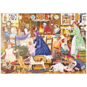 Darstellung des Puzzle Motivs Gemütliche Familienszene – Traditionelles Fest am Kamin - Puzzleteile: 1000