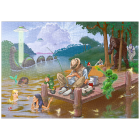 Darstellung des Puzzle-Motivs Fantastische Kreaturen am mystischen See – Humorvolle Illustration – Puzzleteile: 1000