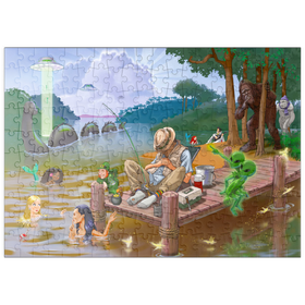 Darstellung des Puzzle Motivs Fantastische Kreaturen am mystischen See – Humorvolle Illustration - Puzzleteile: 200