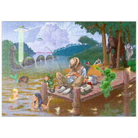 Darstellung des Puzzle-Motivs Fantastische Kreaturen am mystischen See – Humorvolle Illustration – Puzzleteile: 500