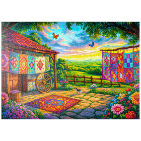 Darstellung des Puzzle Motivs Bunte Patchwork-Quilts auf dem Land – Idyllische Kunstszene - Puzzleteile: 1000