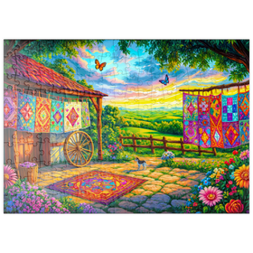 Darstellung des Puzzle Motivs Bunte Patchwork-Quilts auf dem Land – Idyllische Kunstszene - Puzzleteile: 200