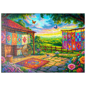 Darstellung des Puzzle Motivs Bunte Patchwork-Quilts auf dem Land – Idyllische Kunstszene - Puzzleteile: 500