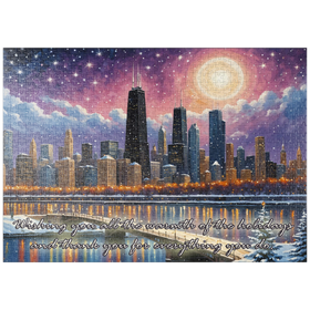 Darstellung des Puzzle Motivs Winterliche Skyline von Chicago – Festliche Kunstszene - Puzzleteile: 1000