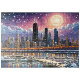 Darstellung des Puzzle Motivs Winterliche Skyline von Chicago – Festliche Kunstszene - Puzzleteile: 100
