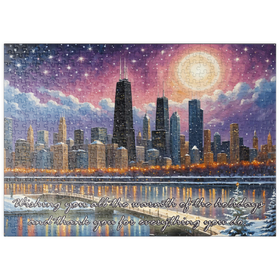 Darstellung des Puzzle Motivs Winterliche Skyline von Chicago – Festliche Kunstszene - Puzzleteile: 500