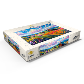 Alternative Darstellung des Puzzle-Motivs Malerische Frühlingslandschaft mit Blumenfeldern und Bauernhof – Puzzleteile: 1000