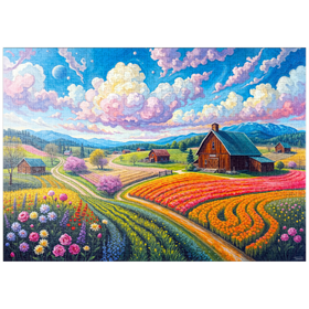 Darstellung des Puzzle Motivs Malerische Frühlingslandschaft mit Blumenfeldern und Bauernhof - Puzzleteile: 1000