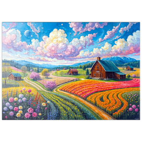 Darstellung des Puzzle Motivs Malerische Frühlingslandschaft mit Blumenfeldern und Bauernhof - Puzzleteile: 100