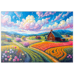 Darstellung des Puzzle Motivs Malerische Frühlingslandschaft mit Blumenfeldern und Bauernhof - Puzzleteile: 200