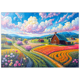 Darstellung des Puzzle Motivs Malerische Frühlingslandschaft mit Blumenfeldern und Bauernhof - Puzzleteile: 500