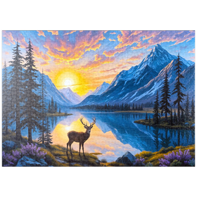 Darstellung des Puzzle-Motivs Majestätischer Hirsch am Bergsee bei Sonnenuntergang – Puzzleteile: 1000