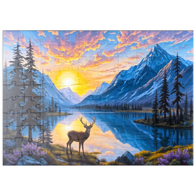 Darstellung des Puzzle Motivs Majestätischer Hirsch am Bergsee bei Sonnenuntergang - Puzzleteile: 100