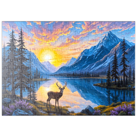 Darstellung des Puzzle Motivs Majestätischer Hirsch am Bergsee bei Sonnenuntergang - Puzzleteile: 200