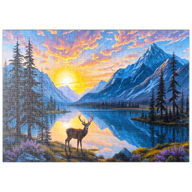 Darstellung des Puzzle Motivs Majestätischer Hirsch am Bergsee bei Sonnenuntergang - Puzzleteile: 500