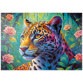 Darstellung des Puzzle Motivs Farbenprächtiger Leopard im fantasievollen Dschungel - Puzzleteile: 1000