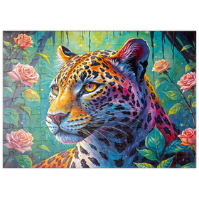 Darstellung des Puzzle Motivs Farbenprächtiger Leopard im fantasievollen Dschungel - Puzzleteile: 100