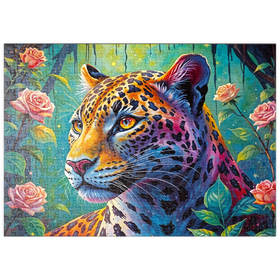 Darstellung des Puzzle-Motivs Farbenprächtiger Leopard im fantasievollen Dschungel – Puzzleteile: 500