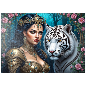 Darstellung des Puzzle-Motivs Mystische Kriegerin mit weißem Tiger im Fantasy-Stil – Puzzleteile: 1000