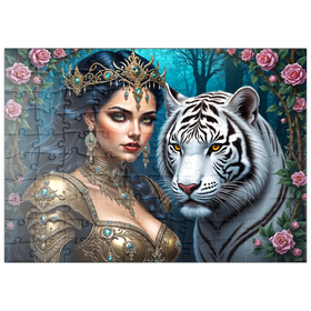 Darstellung des Puzzle Motivs Mystische Kriegerin mit weißem Tiger im Fantasy-Stil - Puzzleteile: 100